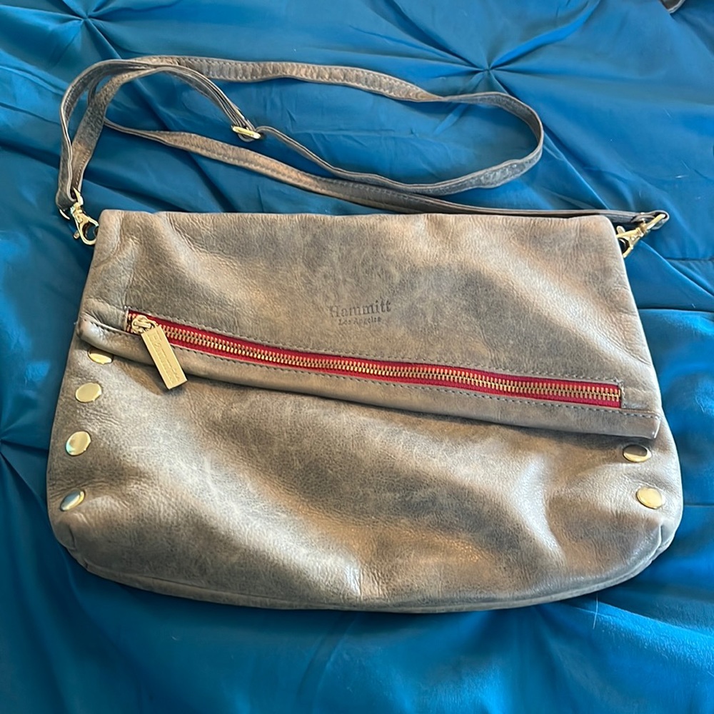 Hammitt Los Angeles crossbody fold over purse red gold pebble taupe
